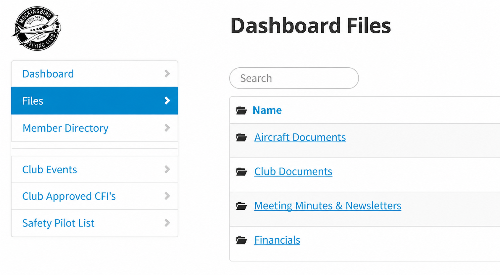 Flight Circle dashboard files view showing aircraft documents, club documents, meeting minutes and newsletters, and financial files.