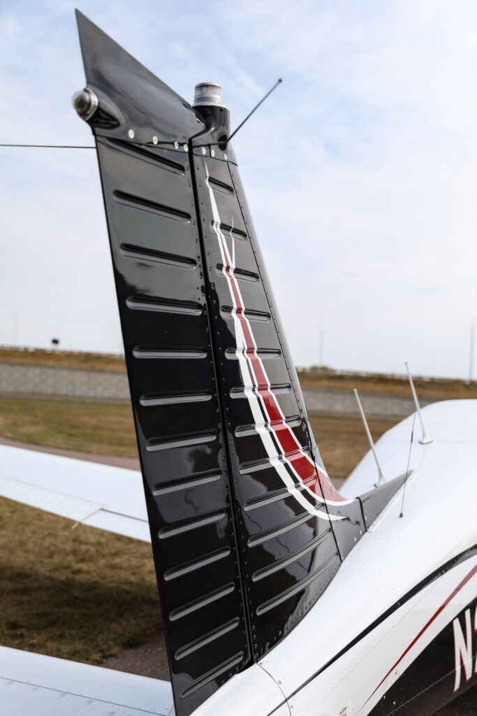 Tail detail of Mockingbird Flying Club Archer N28NS